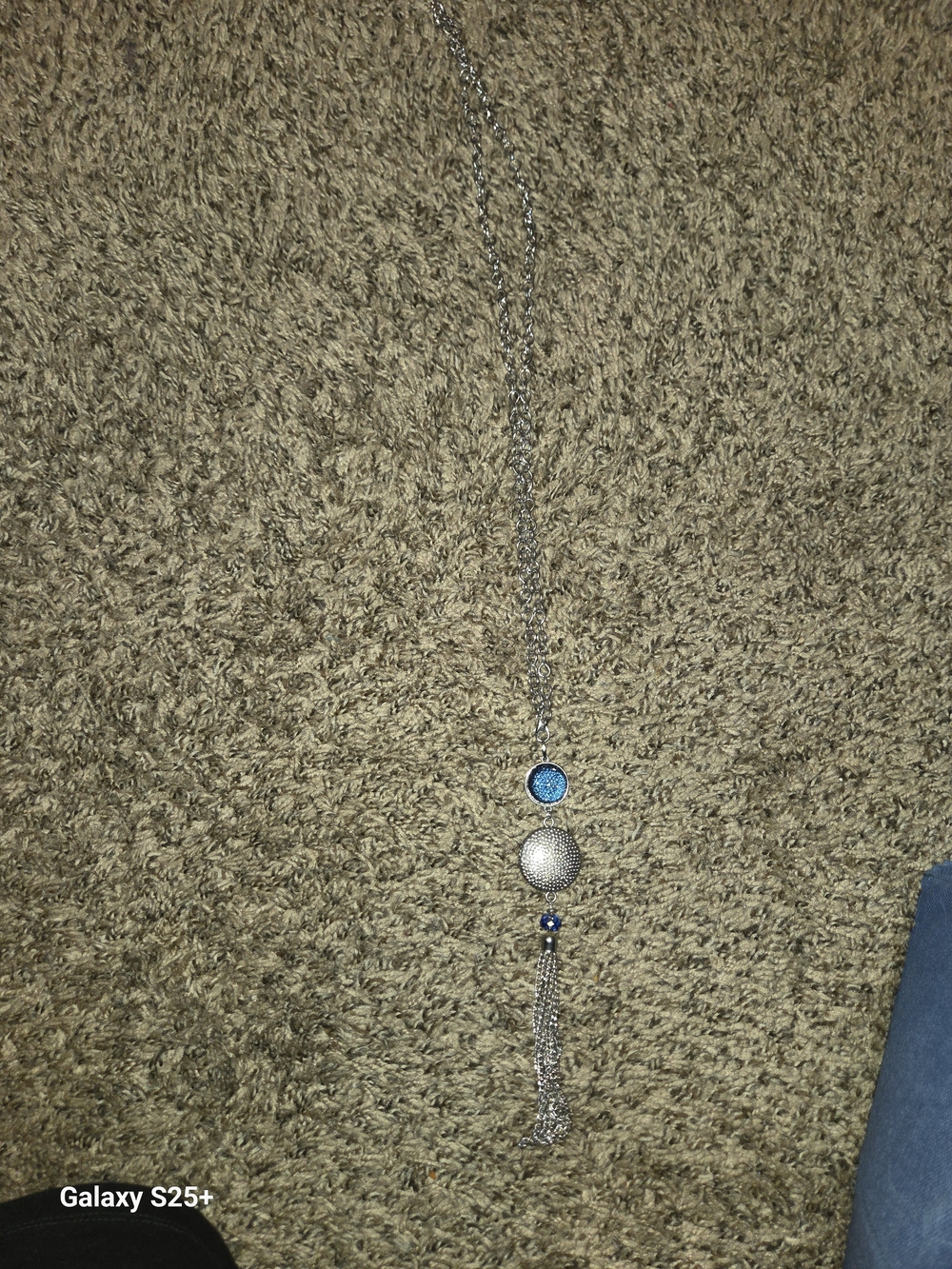 Silver Long Pendant Necklace with Blue Accents